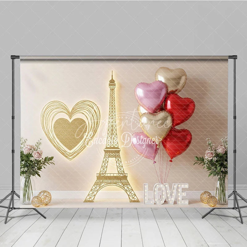 Aperturee - Aperturee Gold Eiffel Tower Valentine Day Backdrop Wire Heart LOVE Letters Balloons Background Romantic Paris Photography