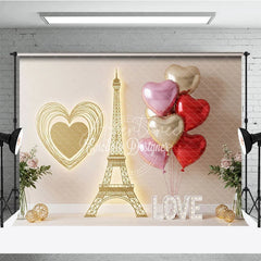 Aperturee - Aperturee Gold Eiffel Tower Valentine Day Backdrop Wire Heart LOVE Letters Balloons Background Romantic Paris Photography