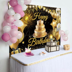 Aperturee - Aperturee Gold Flag Balloons With Cake Happy Birthday Backdrop