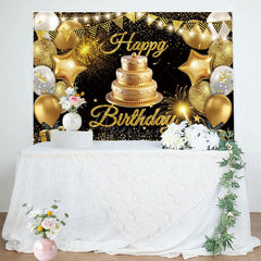 Aperturee - Aperturee Gold Flag Balloons With Cake Happy Birthday Backdrop