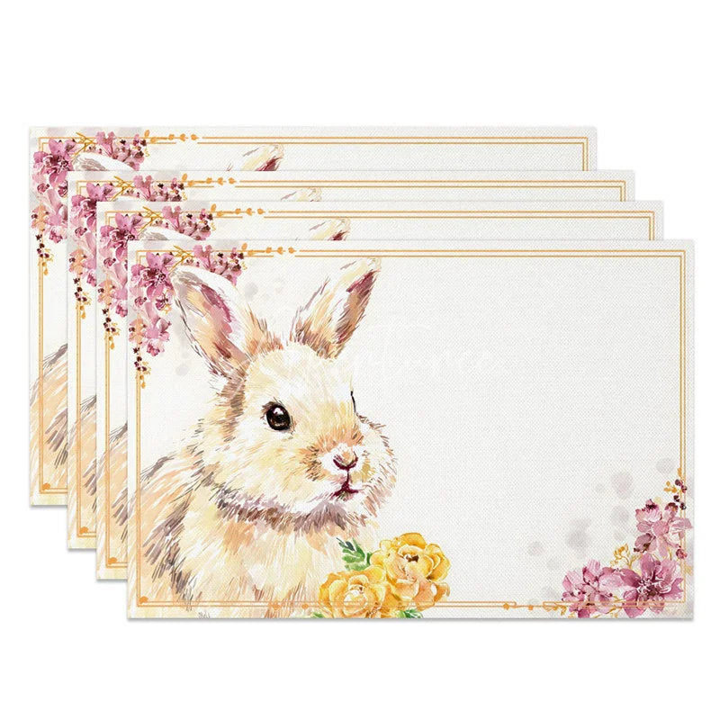 Aperturee - Aperturee Gold Frame Artistic Bunny Set of 4 Placemats Pink Blossom Rabbit Spring Table Mats for Party