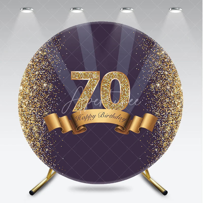 Aperturee - Aperturee Gold Glitter 70th Birthday Round Backdrop Purple and Gold Ribbon Happy Birthday Milestone Party Decoration
