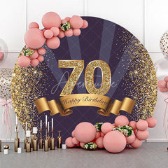 Aperturee - Aperturee Gold Glitter 70th Birthday Round Backdrop Purple and Gold Ribbon Happy Birthday Milestone Party Decoration