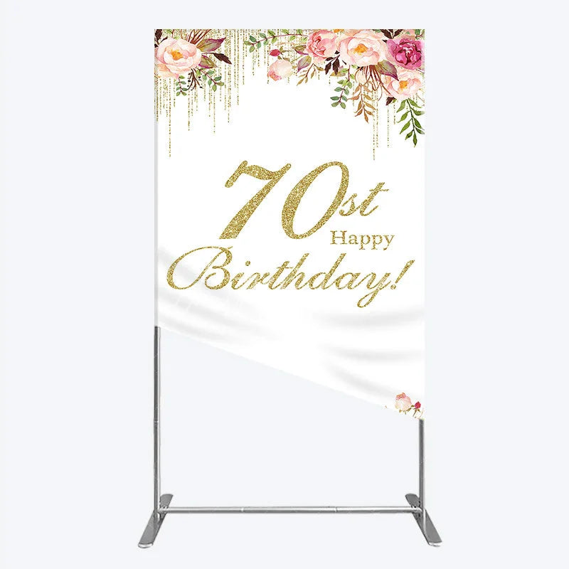 Aperturee - Aperturee Gold Glitter 70th Happy Birthday Rectangle Arch Backdrop Elegant Pink Floral Peonies Celebration Decor