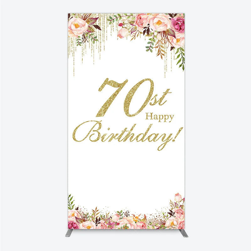 Aperturee - Aperturee Gold Glitter 70th Happy Birthday Rectangle Arch Backdrop Elegant Pink Floral Peonies Celebration Decor