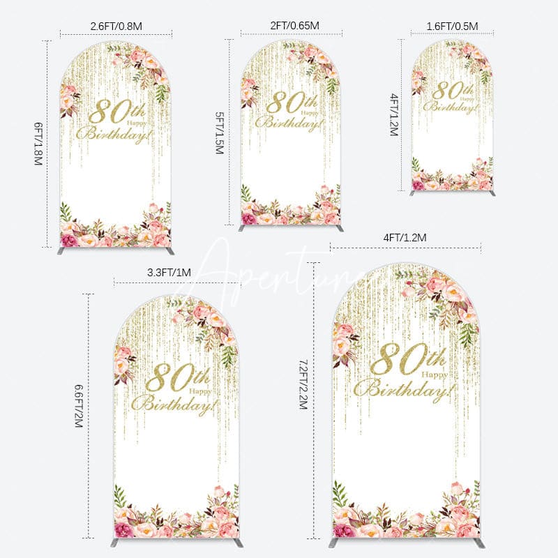 Aperturee - Aperturee Gold Glitter Floral 80th Birthday Arch Backdrop