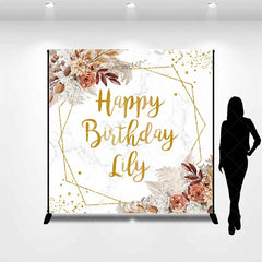 Aperturee - Aperturee Gold Glitter Geometric Custom Birthday Backdrop with Boho Floral and Marble Texture Happy Birthday Party Decor.