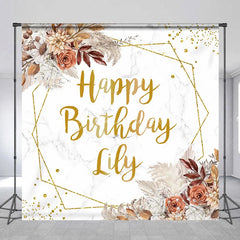 Aperturee - Aperturee Gold Glitter Geometric Custom Birthday Backdrop with Boho Floral and Marble Texture Happy Birthday Party Decor.