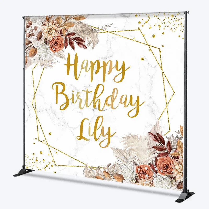 Aperturee - Aperturee Gold Glitter Geometric Custom Birthday Backdrop with Boho Floral and Marble Texture Happy Birthday Party Decor.