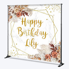 Aperturee - Aperturee Gold Glitter Geometric Custom Birthday Backdrop with Boho Floral and Marble Texture Happy Birthday Party Decor.