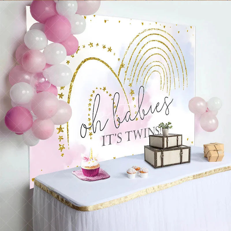 Aperturee - Aperturee Gold Glitter Rainbow Twins Baby Shower Backdrop Pastel Clouds Oh Babies Decoration Boy and Girl Party Prop