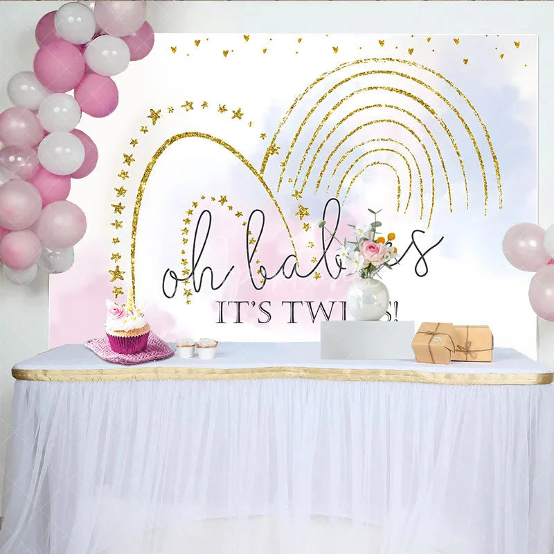 Aperturee - Aperturee Gold Glitter Rainbow Twins Baby Shower Backdrop Pastel Clouds Oh Babies Decoration Boy and Girl Party Prop