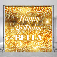 Aperturee - Aperturee Gold Glitter Shimmering Custom Birthday Backdrop with Happy Birthday and Any Name Festive Party Decor