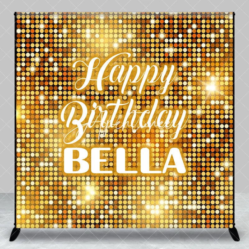 Aperturee - Aperturee Gold Glitter Shimmering Custom Birthday Backdrop with Happy Birthday and Any Name Festive Party Decor