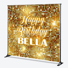 Aperturee - Aperturee Gold Glitter Shimmering Custom Birthday Backdrop with Happy Birthday and Any Name Festive Party Decor
