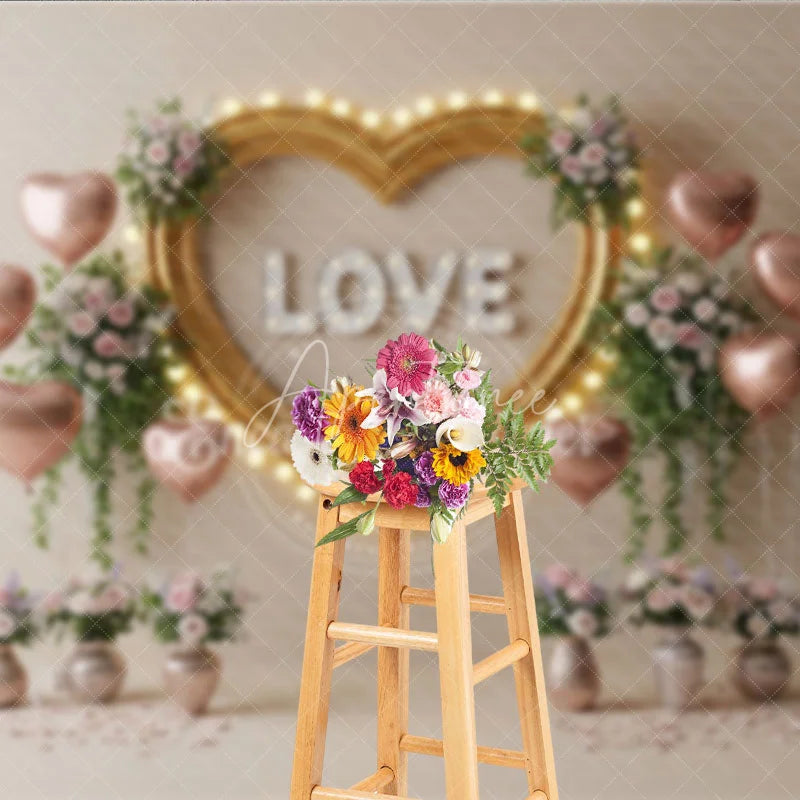 Aperturee - Aperturee Gold Heart Frame Marquee Lights Backdrop LOVE Letters Pink Balloons Floral Background Romantic Photography Banner