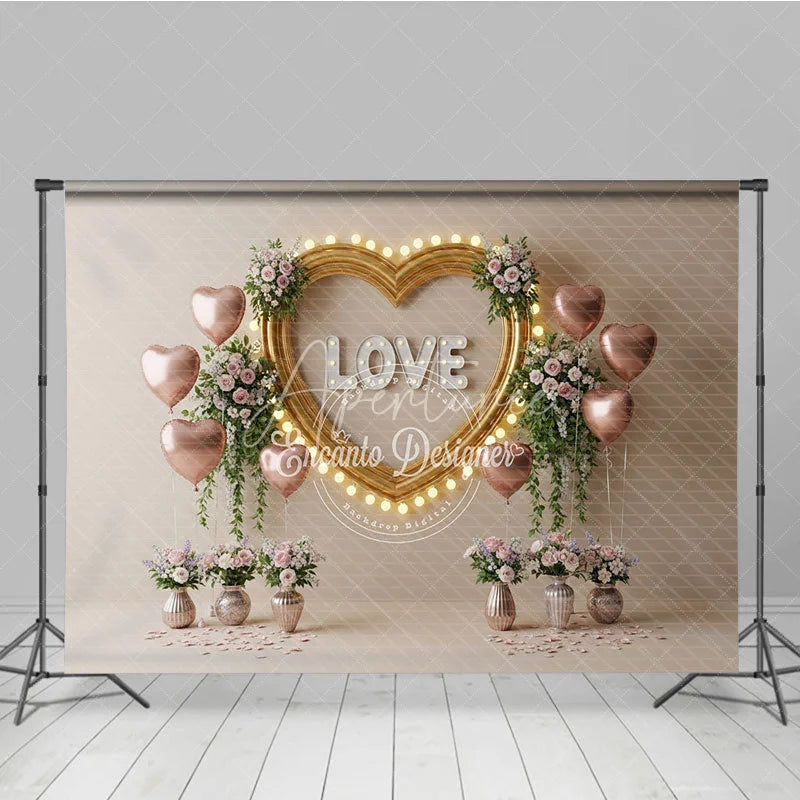 Aperturee - Aperturee Gold Heart Frame Marquee Lights Backdrop LOVE Letters Pink Balloons Floral Background Romantic Photography Banner
