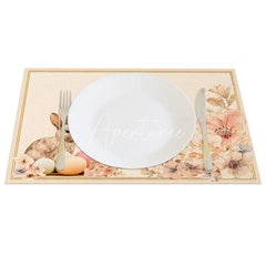 Aperturee - Aperturee Gold Line Easter Bunny Set of 4 Placemats Pink Flower Rabbit Egg Table Mats for Holiday Party