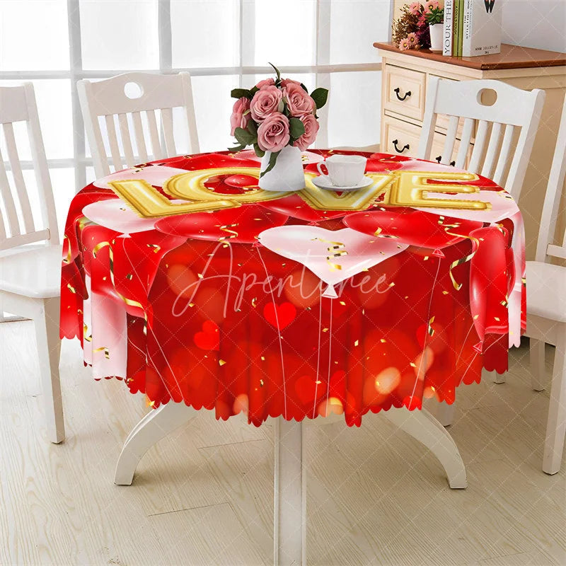Aperturee - Aperturee Gold Love Balloon Confetti Round Tablecloth Festive Red Ribbon Table Cover for Anniversary