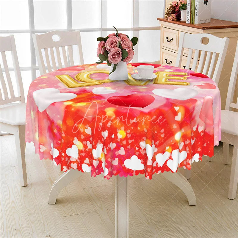Aperturee - Aperturee Gold Love Balloon Round Tablecloth Romantic Red Bokeh Heart Table Cover for Valentine