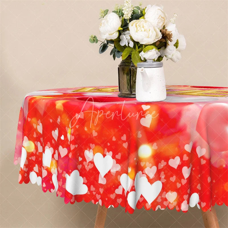 Aperturee - Aperturee Gold Love Balloon Round Tablecloth Romantic Red Bokeh Heart Table Cover for Valentine