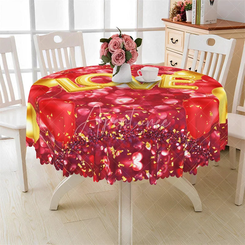 Aperturee - Aperturee Gold Love Red Balloon Round Tablecloth Festive Heart Bokeh Table Cover for Anniversary