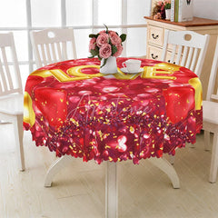 Aperturee - Aperturee Gold Love Red Balloon Round Tablecloth Festive Heart Bokeh Table Cover for Anniversary