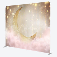 Aperturee - Aperturee Gold Moon Tension Fabric Backdrop Pink Clouds Starry Sky Decor Twinkle Little Star Theme Background for Baby Shower