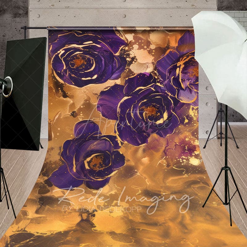 Aperturee - Aperturee Gold Purple Abstract Floral Fine Art Sweep Backdrop