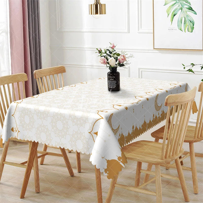 Aperturee - Aperturee Gold Ramadan Kareem Mosque Silhouette Rectangle Tablecloth Islamic Eid Mubarak Pattern Table Cover for Home