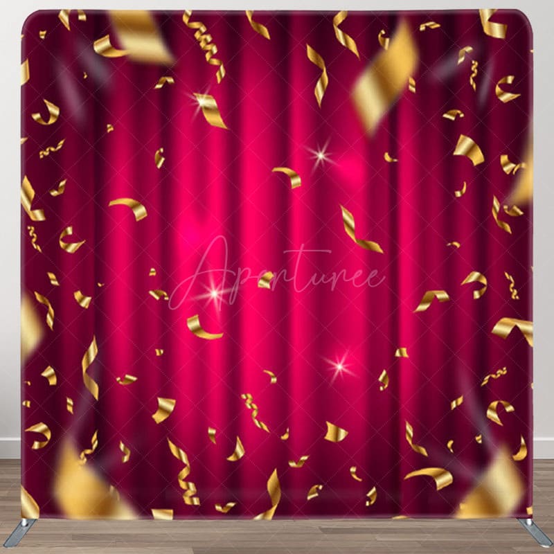 Aperturee - Aperturee Gold Ribbons Red Curtain Bokeh Holiday Backdrop Cover