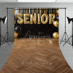 Aperturee - Aperturee Gold Senior Balloons Graduation Photography Backdrop Black Fringe and Wooden Floor Sweep Studio Background