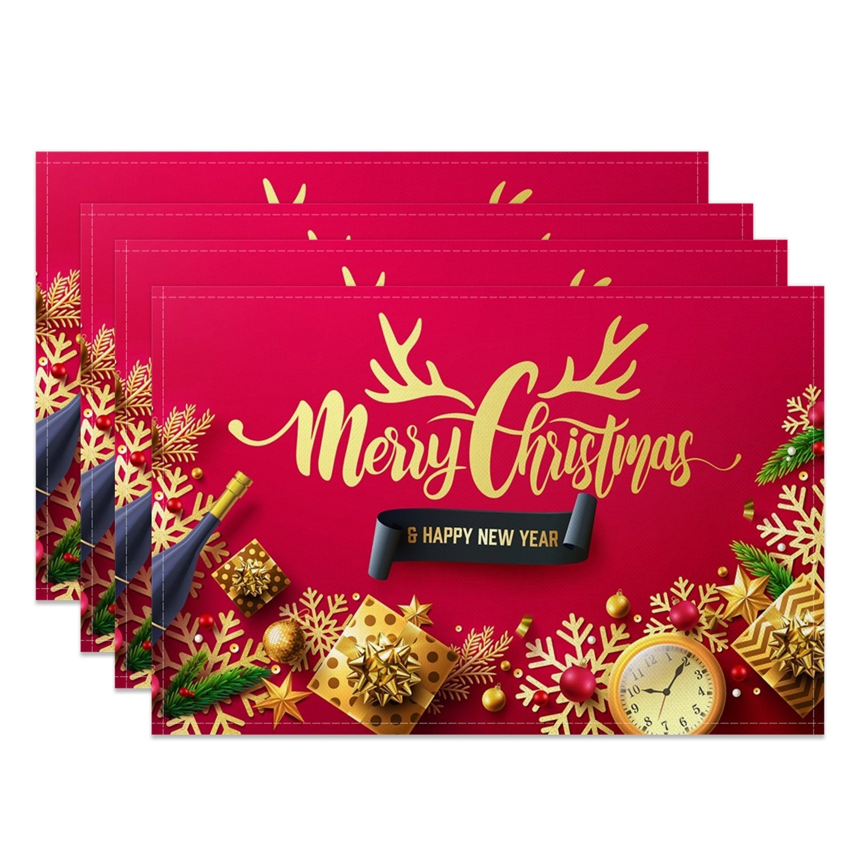 Aperturee - Aperturee Gold Snowflake Clock Gift Xmas Set Of 4 Placemats