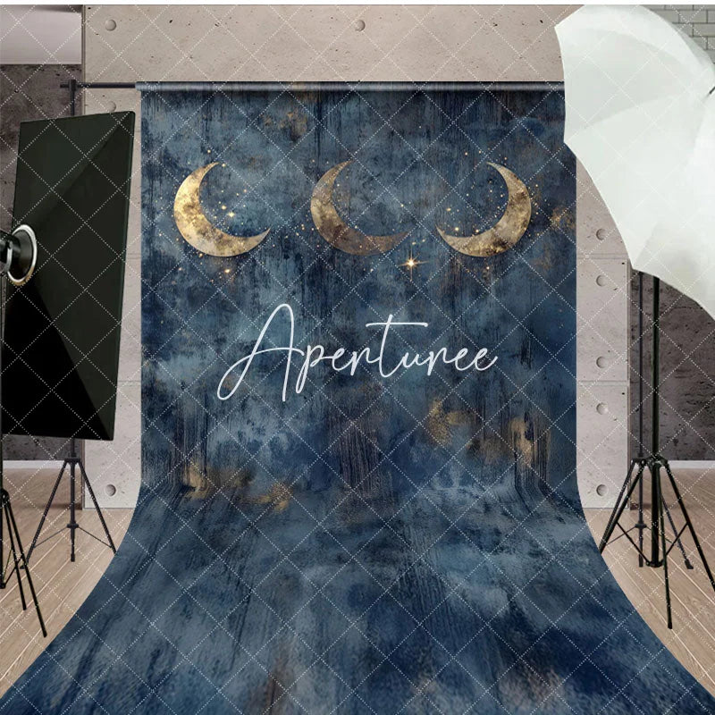 Aperturee - Aperturee Gold Sparkly Moons Blue Abstract Night Sweep Backdrop