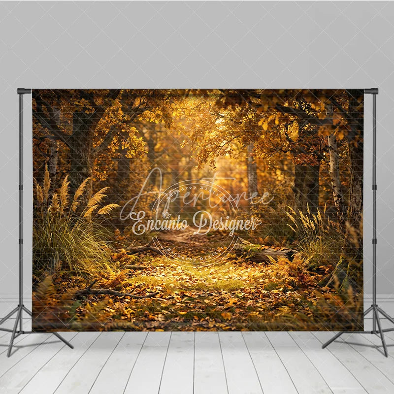 Aperturee - Aperturee Golden Autumn Forest Path Photography Backdrop Enchanting Fall Leaves and Sunlight Scene for Seasonal Photoshoot