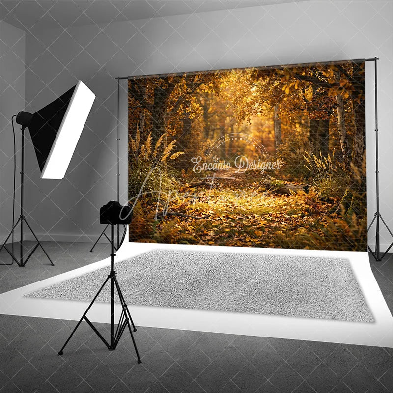 Aperturee - Aperturee Golden Autumn Forest Path Photography Backdrop Enchanting Fall Leaves and Sunlight Scene for Seasonal Photoshoot