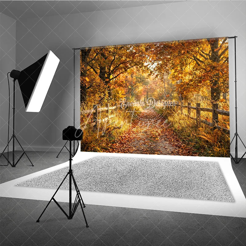 Aperturee - Aperturee Golden Autumn Forest Path Photography Backdrop with Rustic Wooden Fence and Fallen Leaves