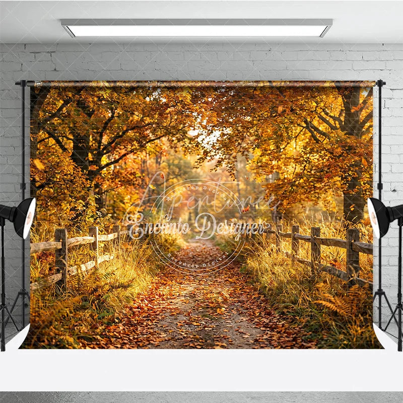 Aperturee - Aperturee Golden Autumn Forest Path Photography Backdrop with Rustic Wooden Fence and Fallen Leaves