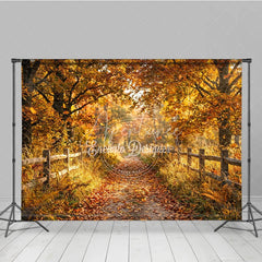Aperturee - Aperturee Golden Autumn Forest Path Photography Backdrop with Rustic Wooden Fence and Fallen Leaves