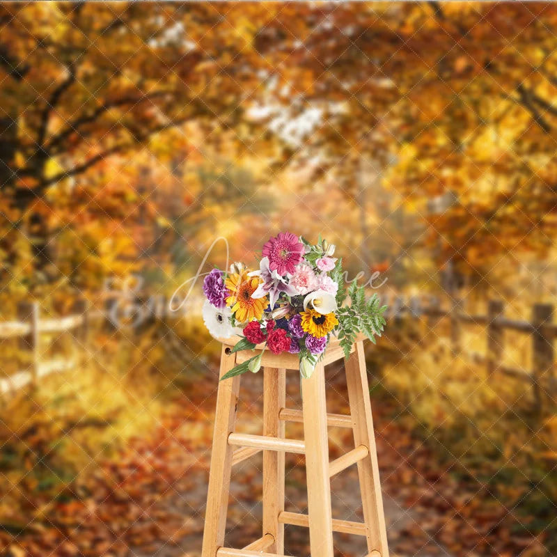 Aperturee - Aperturee Golden Autumn Forest Path Photography Backdrop with Rustic Wooden Fence and Fallen Leaves