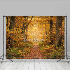Aperturee - Aperturee Golden Autumn Forest Photography Backdrop with Winding Path Sunlight and Falling Leaves Natural Rustic Scenery