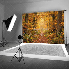 Aperturee - Aperturee Golden Autumn Forest Photography Backdrop with Winding Path Sunlight and Falling Leaves Natural Rustic Scenery