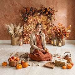 Aperturee - Aperturee Golden Autumn Leaves and Pampas Grass Combo Set Backdrop Rustic Fall Harvest Decor with Lanterns for Photos