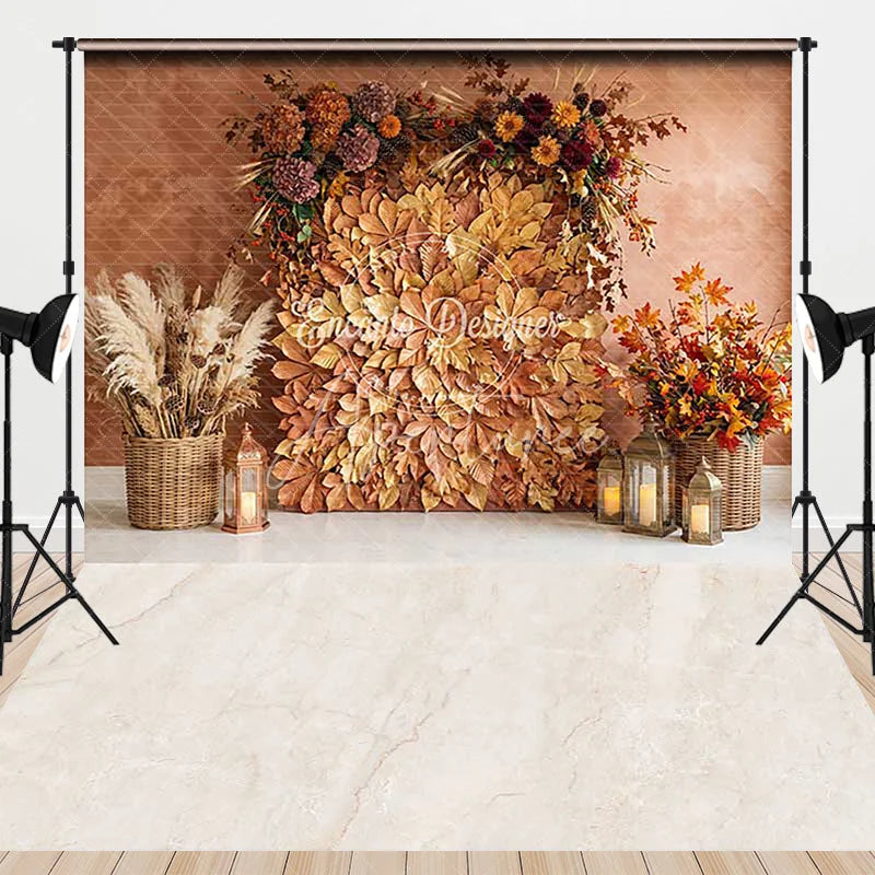 Aperturee - Aperturee Golden Autumn Leaves and Pampas Grass Combo Set Backdrop Rustic Fall Harvest Decor with Lanterns for Photos
