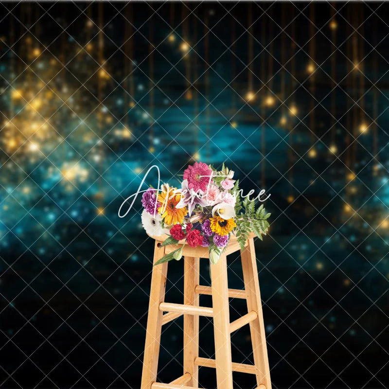 Aperturee - Aperturee Golden Blue Sparkling Lights Photography Backdrop Dark Wood Texture with Bokeh Effect for Festive Celebrations