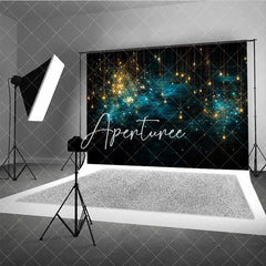 Aperturee - Aperturee Golden Blue Sparkling Lights Photography Backdrop Dark Wood Texture with Bokeh Effect for Festive Celebrations