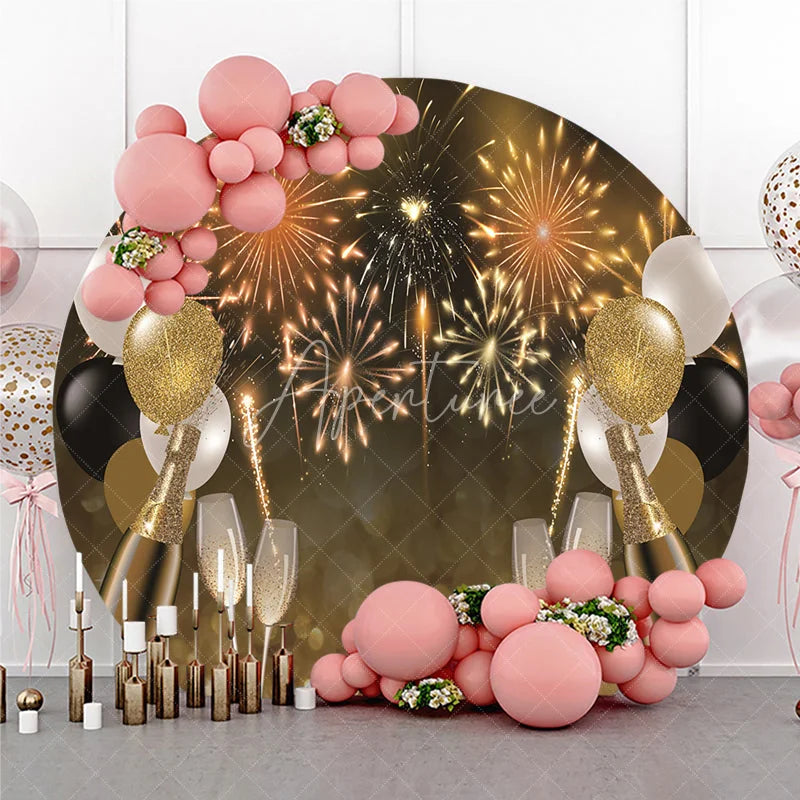 Aperturee - Aperturee Golden Celebration Round Backdrop with Sparkling Displays Champagne Bottles and Balloons