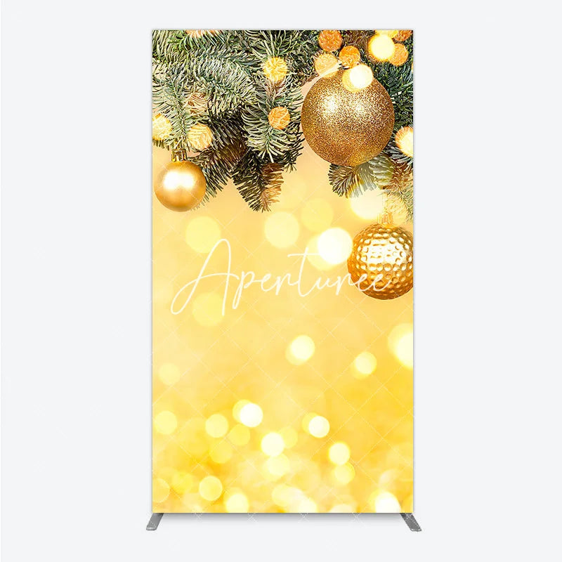 Aperturee - Aperturee Golden Christmas Ornaments and Pine Branches Rectangle Arch Backdrop Festive Holiday Bokeh Lights Party Decor