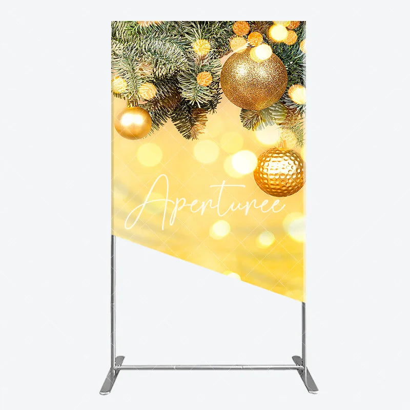 Aperturee - Aperturee Golden Christmas Ornaments and Pine Branches Rectangle Arch Backdrop Festive Holiday Bokeh Lights Party Decor