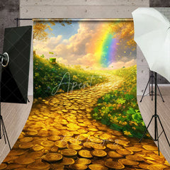 Aperturee - Aperturee Golden Coins Path Backdrop Rainbow and Lucky Clover Field Landscape St Patricks Day Photography Background